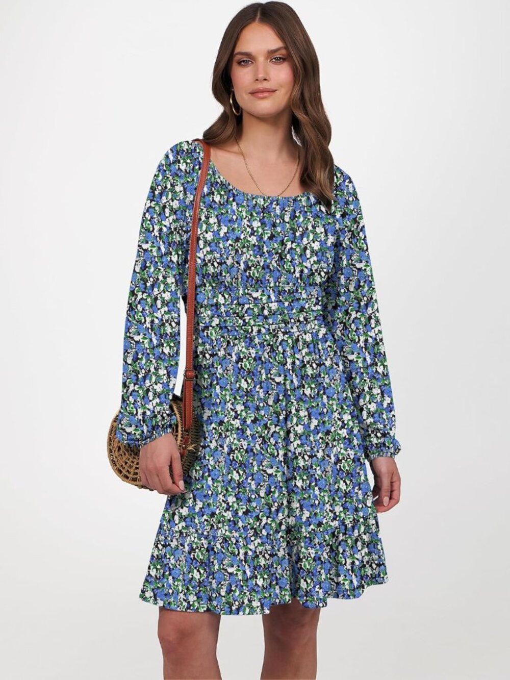 Women's Blue Black Long Lantern Sleeve Ruffle Flowy Swing A-Line Short Dress - Picture 5 of 6